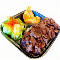 Beef Teriyaki Plate · Steamed rice,Teriyaki Beef, Plain Salad, 1pc Orange, 2pcs Crab Tempura
