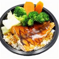 Salmon Teriyaki Bowl · Steamed rice, Steamed Veggie ( Cabbage, Broccoli, carrot ), Salmon