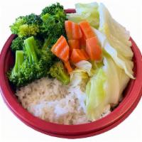 Veggie Teriyaki Bowl · Steamed veggies ( Cabbage, Broccoli, Carrot)