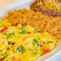 Huevos Ala Mexicana · Scrambled eggs with diced onion. Tomato, and peppers. Served with rice, beans, and tortillas.
