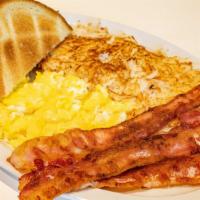 Breakfast Special · Toast, three eggs, hash brown, and three pieces of your choice of bacon sausage, or ham.