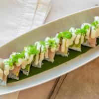 Wasabi Yuzu Yellowtail · Yellowtail, shrimp tempura, yuzu kosho, wasabi mayo, krab, and avocado.