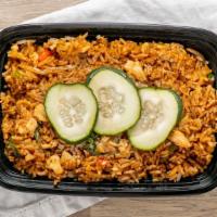 Spicy Basil Fried Rice · Chicken, basil leaves, onion, peppers, Thai chili, garlic.