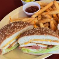 Chicken Breast Sandwich Special/ Combo With Fries & 16Oz Soda · includes chicken breast, lettuce, tomatoes, mayo, fries, 16oz soda