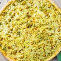 Cluck Manipesto Pizza · Fresh pesto, chicken, mozzarella cheese, and parmesan baked on a hand-tossed dough