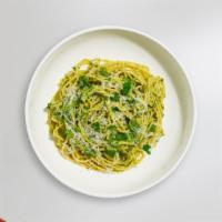 Pasta Manipesto · (Vegetarian) Fresh spaghetti pasta cooked in a pesto sauce and topped with black pepper, par...