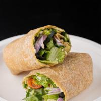 Greek Wrap · Crisp romaine lettuce, red onion, cucumber, cherry tomatoes, Kalamata olives and feta cheese...