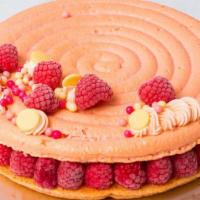 Rose Lychees Raspberry Macaron Cake · Love macarons? Why not celebrate with a giant one. Two rose macaron filled with rose lychees...