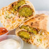 Falafel Burrito · new, vegan. Large tortilla loaded with rice, hummus, Jerusalem salad, and tahini sauce. Add ...