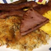 The Big Sampler · For those with a large appetite. Three eggs, two bacon and sausage links plus cure 