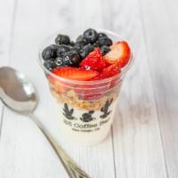 Granola Yogurt Cup · Vanilla yogurt, honey granola, blueberries, strawberries, and honey drizzle.
