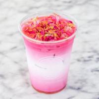 Rose Gold · Toasted almond beet tea latte with whole milk, honey, and rose. Topped with dry rose petals ...