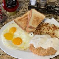 Chicken Fried Steak & 3 Eggs · Tender chicken fried steak is topped with sausage country gravy.