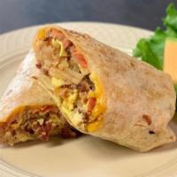 Breakfast Burrito · Eggs, Choice of Meat, Hash browns, Mixed Cheese, and Salsa