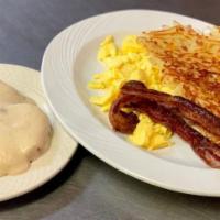 Biscuits & Gravy Meal (2 Eggs & 2 Bacon Or Sausage, Hash Browns) · Biscuits topped with our homemade sausage country gravy