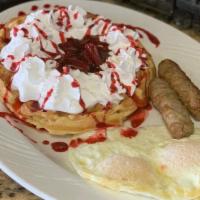 Belgian Waffle Combo · 2 sausage links or 2 strips of  bacon and 2 eggs.