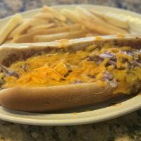 Chili Hot Dog (Beef)  · 1/4 lb. Chili dog topped with cheese & onions.