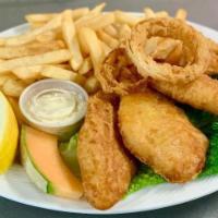 Fish & Chips · 3 pc. Battered cod pub style fillets served with tartar sauce , homemade soup or a garden sa...