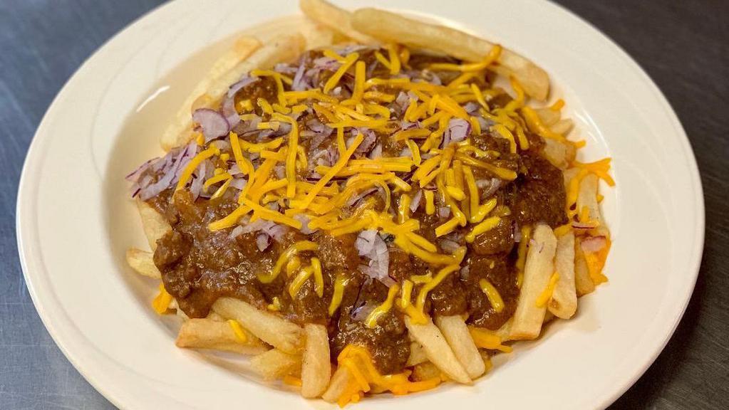  Chili Fries Large · With  cheese and onions on top of homemade chili