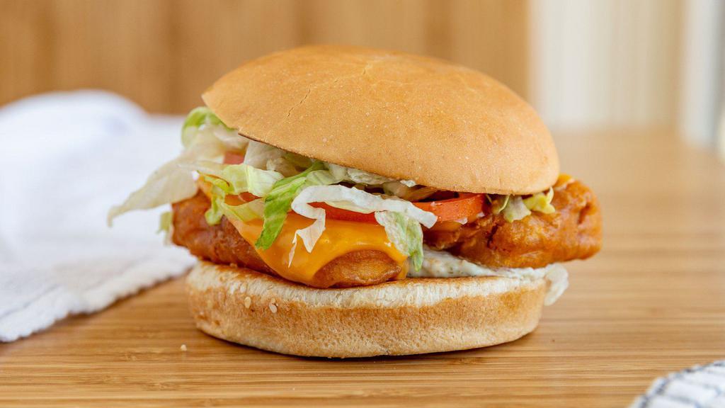 'Fish' Filet Sandwich · Crispy breaded 'fish,' American 'cheese,' lettuce, tomato, and tartar sauce.