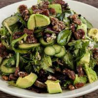 Natalie’S Salad · Baby greens, Persian cucumbers, candied pecans, avocado, Gorgonzola crumbles, balsamic vinai...