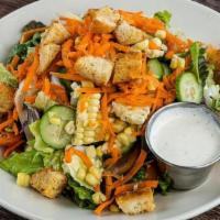 Market Salad · Mixed greens, tomatoes, cucumbers, fire-roasted corn, carrots, rustic croutons