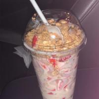 Large Strawberries & Cream Cup · Chopped strawberries, house cream and granola.