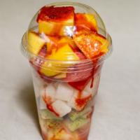 Large Mix Fruit Cup · Pineapple, jicama, cucumber, mango, coconut, watermelon, lime, chamoy, and tajin.