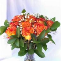 Sunshine  · Beautiful Arrangement With 12 Yellow/Orange Roses. Perfect For Any Ocasión!!! (Vase Will Vary)