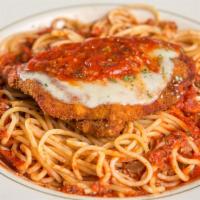 Chicken Parmigiana · Chicken breast hand battered in our signature chicken breading topped with choice of meat or...