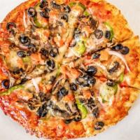 Medium Vegetarian Pizza · Vegetarian. Pizza sauce, mozzarella cheese, mushrooms, bell pepper, onions, tomato, olives, ...