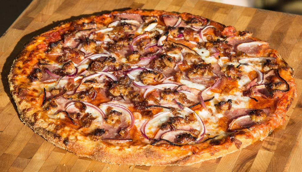Meat Lovers · Pizza sauce, pepperoni, ham, hamburger, sausage and mozzarella cheese.