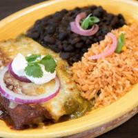 Queso Enchiladas · Vegetarian. Choose red or green. served with beans and rice.