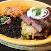 Asada Enchiladas · Premium asada cut. Choose red or green. served with beans and rice.