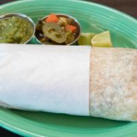 Veggie Burrito · Vegetarian. Black beans, rice, cheese, guacamole, sour cream, pico de gallo.