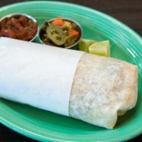 Chorizo Burrito · Black beans, rice, cheese, guacamole, sour cream, pico de gallo.