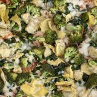Spinaccoli Pizza · Mozzarella cheese, spinach, fresh garlic, broccoli, artichoke hearts.