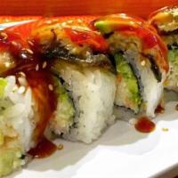 Dragon Roll · Crab meat, avocado, cucumber with fresh water eel on top.