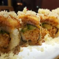 Monster Roll · Shrimp, spicy crab meat, avocado, and fried salmon.