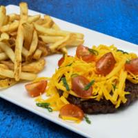 Usda Prime Chopped Steak · Aged sharp cheddar, tomatoes, green onions, choice of side.