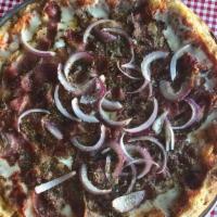 Hot Pastrami Pizza · Pastrami, Red Onion, Red Sauce & Mozzarella