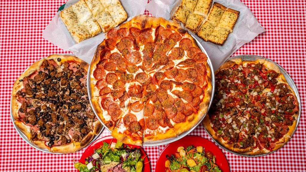 Pizza Party Package For 15 People · Pizza Party Package for 15 people! Choose up to 6 different Specialty Pizzas, 4 - 2 Liter Sodas - Coke or Sprite, 4 - Large Salads - Caesar, Garden Green or Antipasti, & 4 - Large Cheesy Garlic Bread. Originally $222 Order Online for ONLY $200!