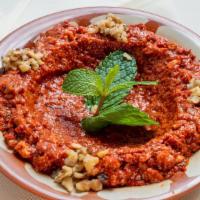 Muhammara · A spicy dip of crushed walnuts, red pepper paste and pomegranate molasses. Vegetarian.. * Sm...