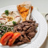 Beef Shawerma Plate · Broiled marinated tri-tip, onions, tomatoes, and tahini sauce.. Served with a choice of two ...