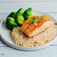 Honey Soy Glazed Salmon · Salmon glazed with our house made honey soy on top of your choice of rice and veggies,
