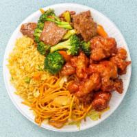 Combo B · 2 Items with Fried Rice & Chow Mein.