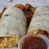 Breakfast Burrito · Bacon, sausage, scrambled egg, cheese, and hashbrowns stuffed in a large flour tortilla.