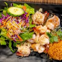Mambo Garlic Shrimp · shrimp garlic, melted butter, served with rice and salad.