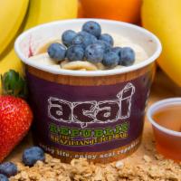 The Real Brazilian Acai · Blend: acai, strawberry, banana and guarana. Topping: granola, banana and blueberries