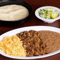 Birria Con Arroz Y Frijoles · Shredded beef with rice and beans.